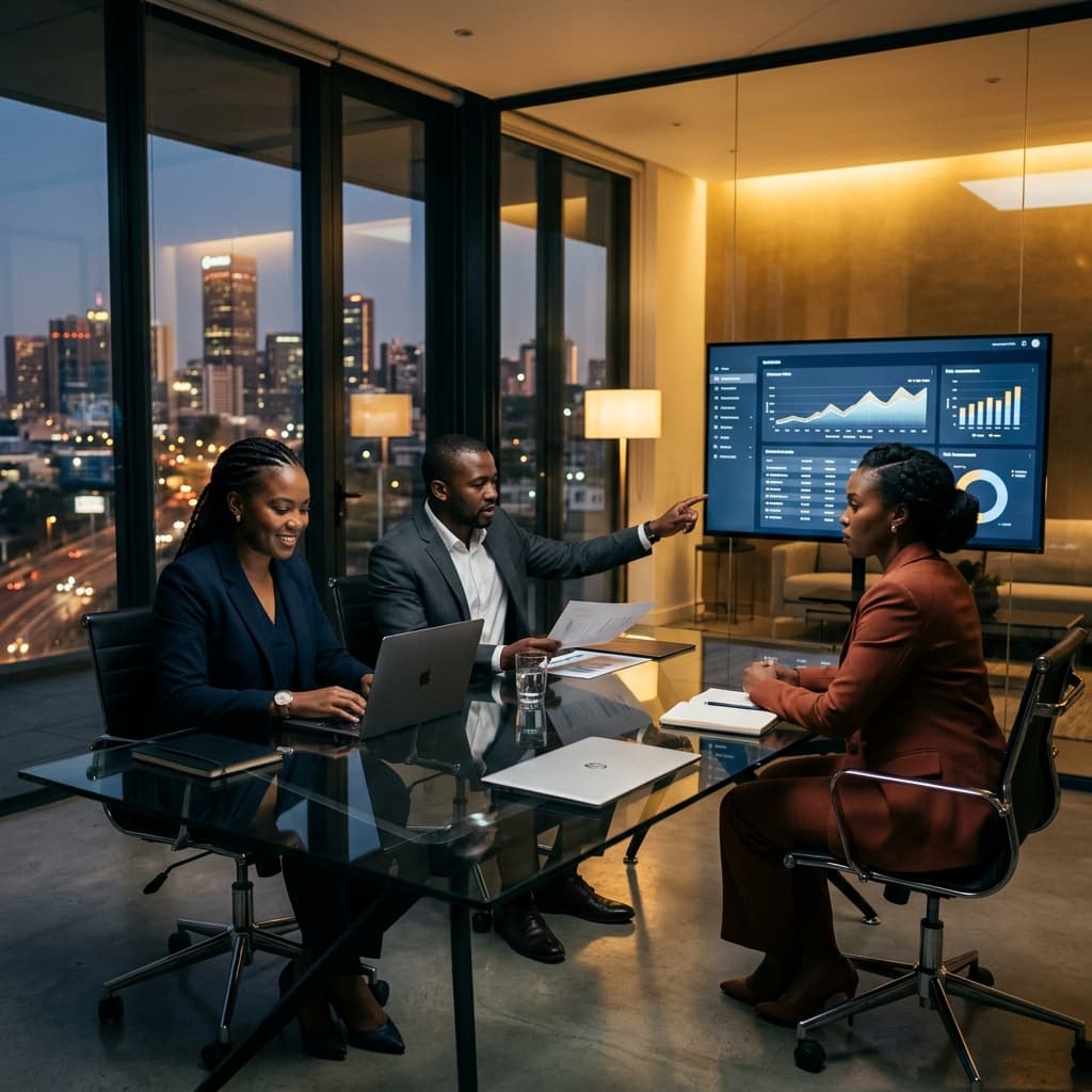 Black African insurance professionals reviewing data in a modern office