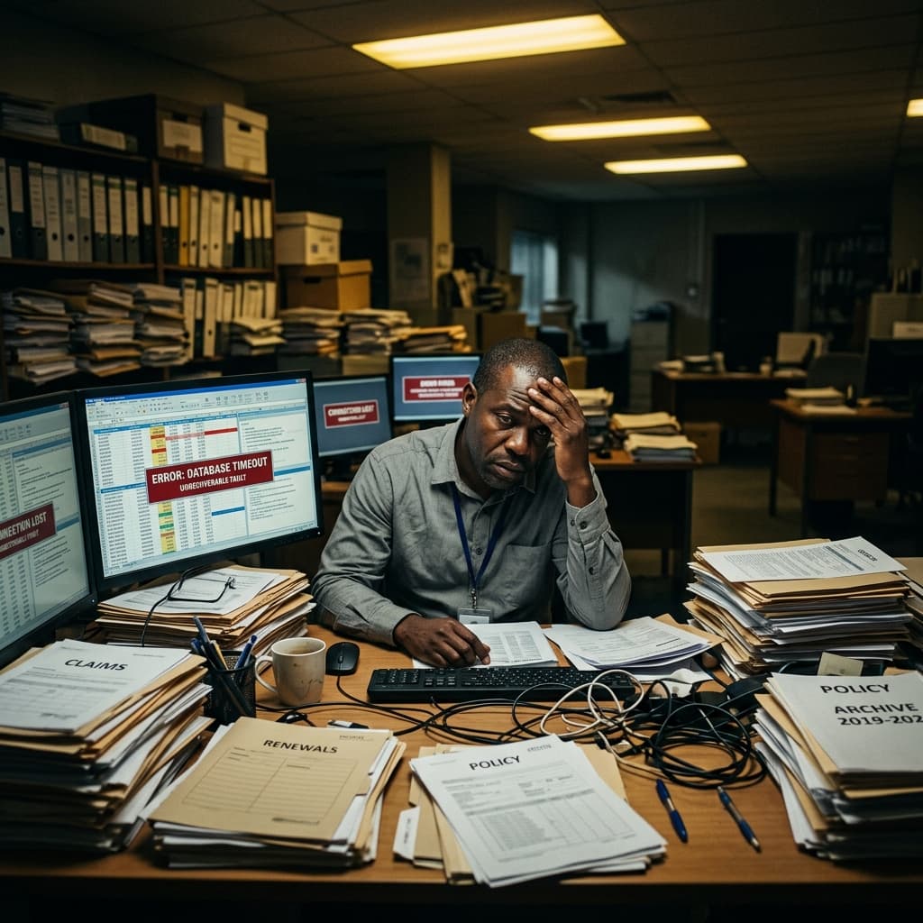 Black African insurance administrator surrounded by fragmented legacy systems