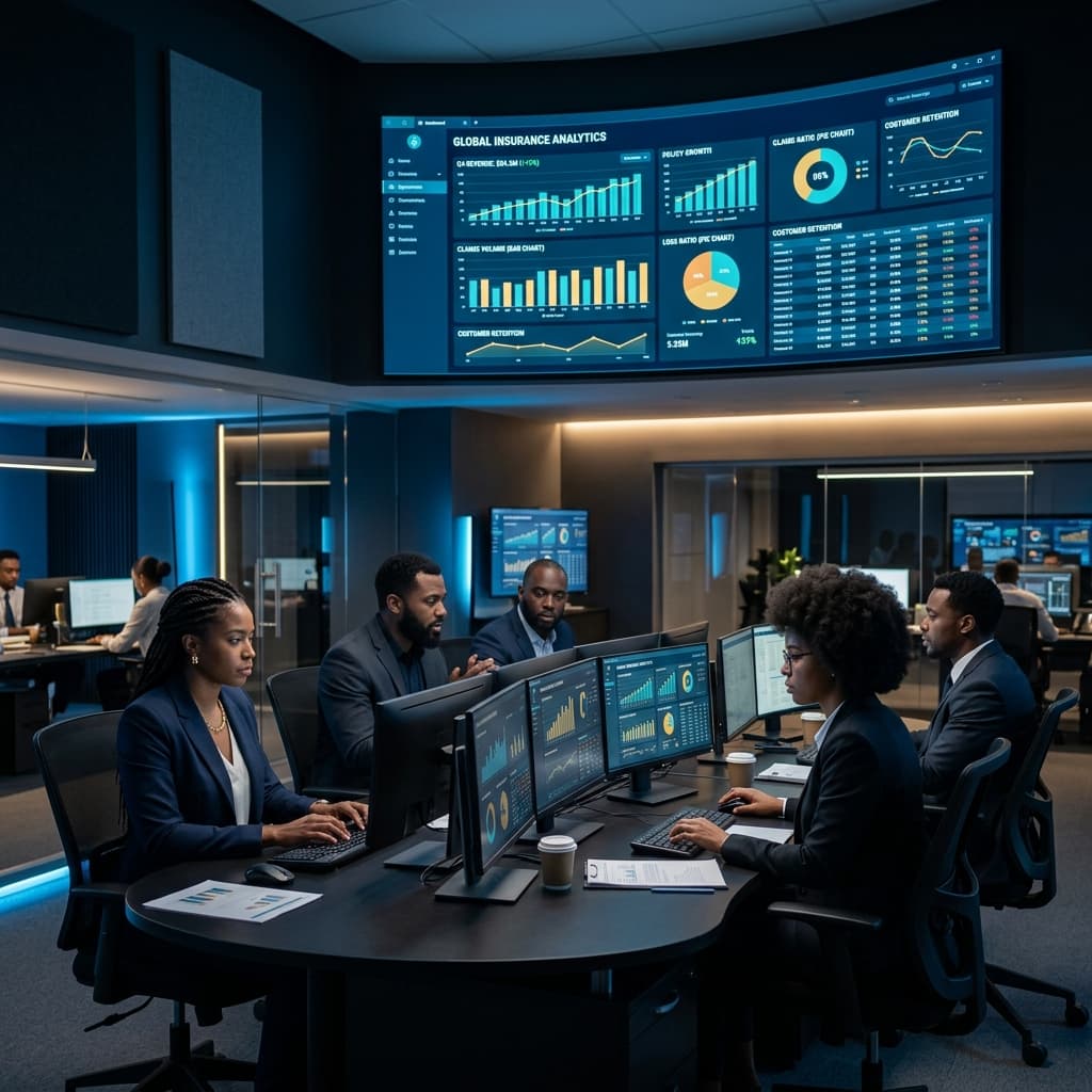 Black African insurance operations team in a modern digital command center