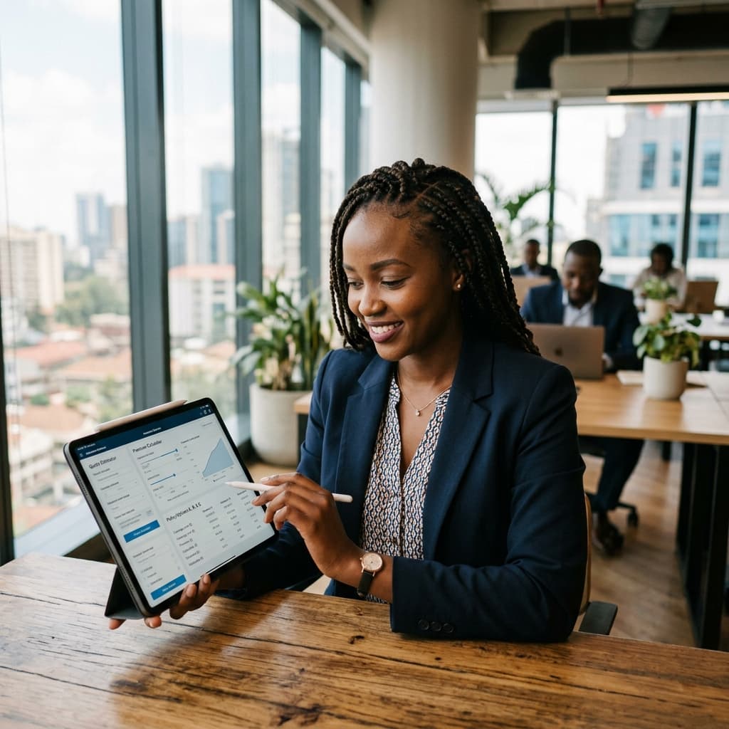 Black African insurance broker using a tablet with financial tools