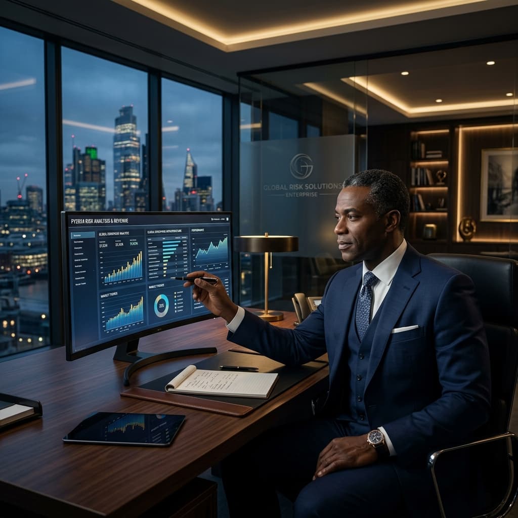 Black African executives reviewing insurance data on digital dashboards