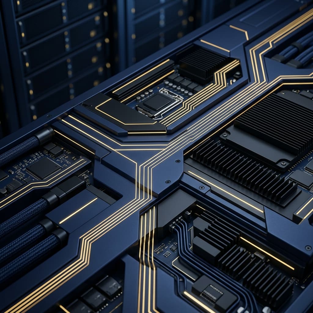 Cinematic high-end visual of insurance tech infrastructure