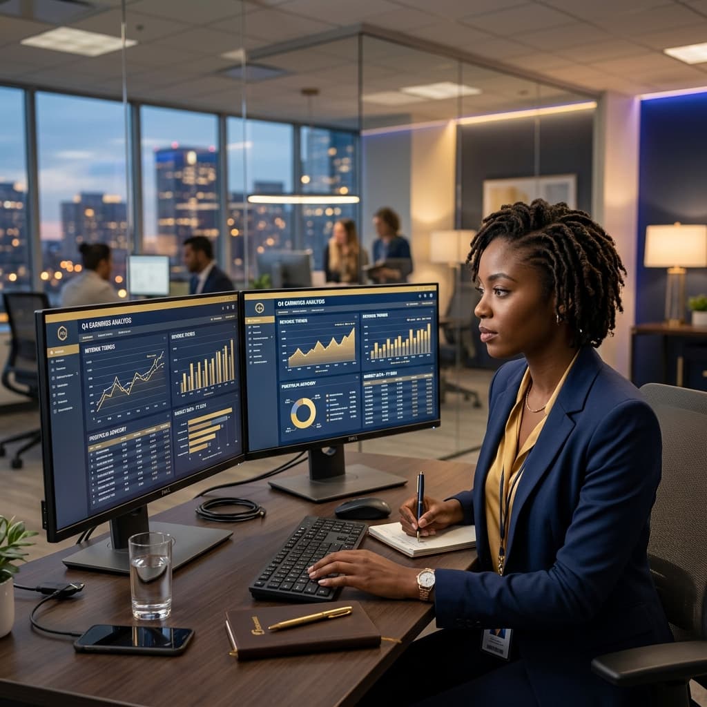 Black African financial analyst reviewing reconciliation reports on dual monitors